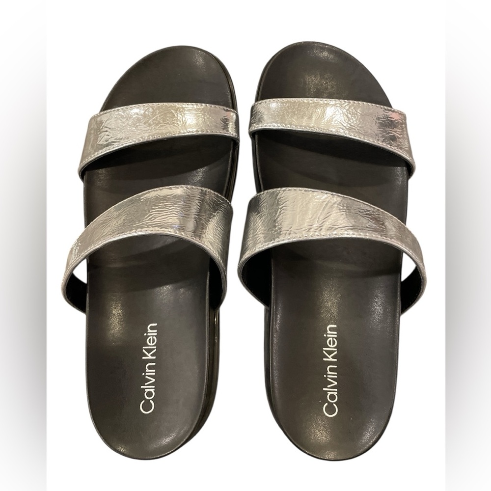Calvin Klein Silver and Black Double Strap Slide Sandals - Picture 4 of 10